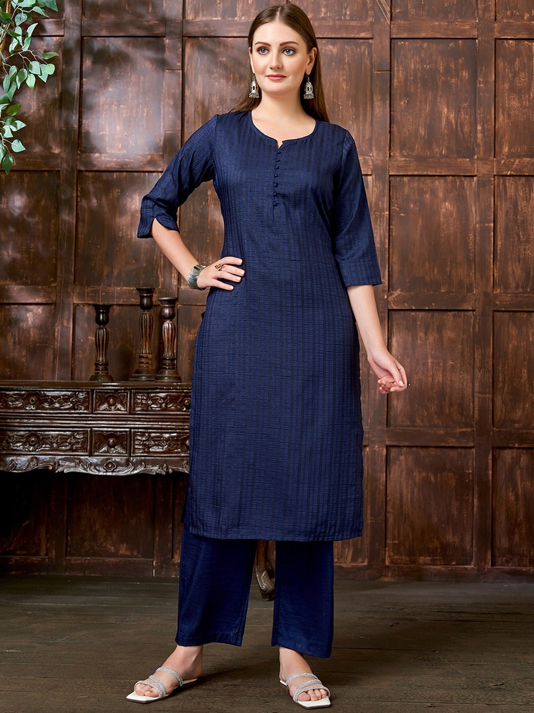 

KALINI Women Striped Printed Notch Neck Straight Kurta With Trouser, Navy blue