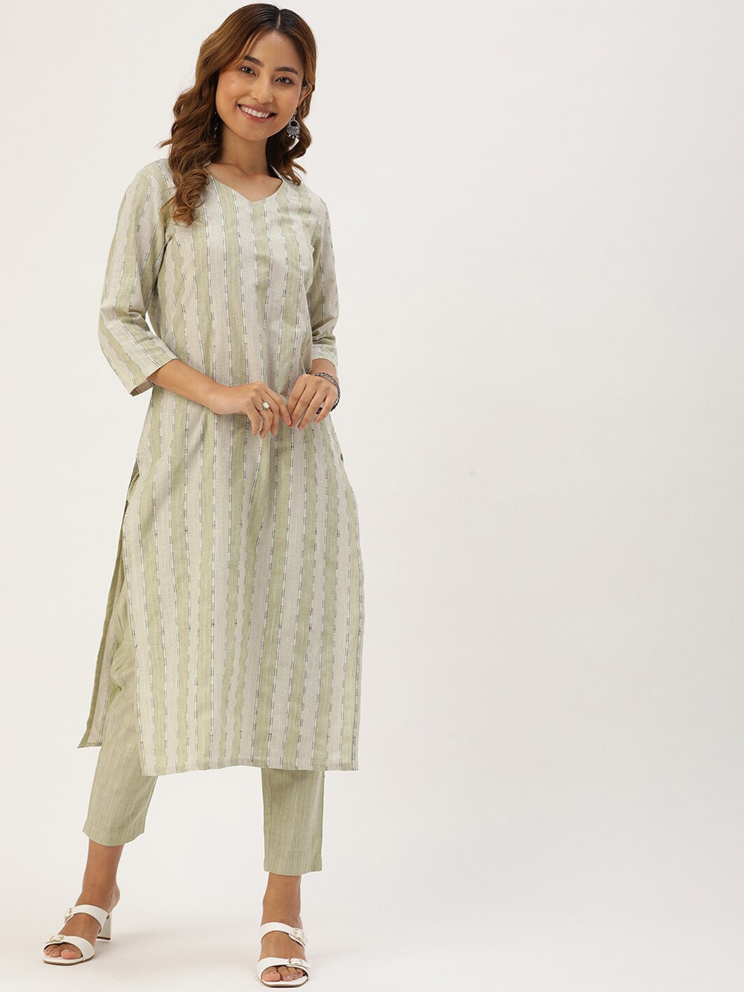 

KALINI Women Striped Woven Design Straight Kurta With Trouser, Beige