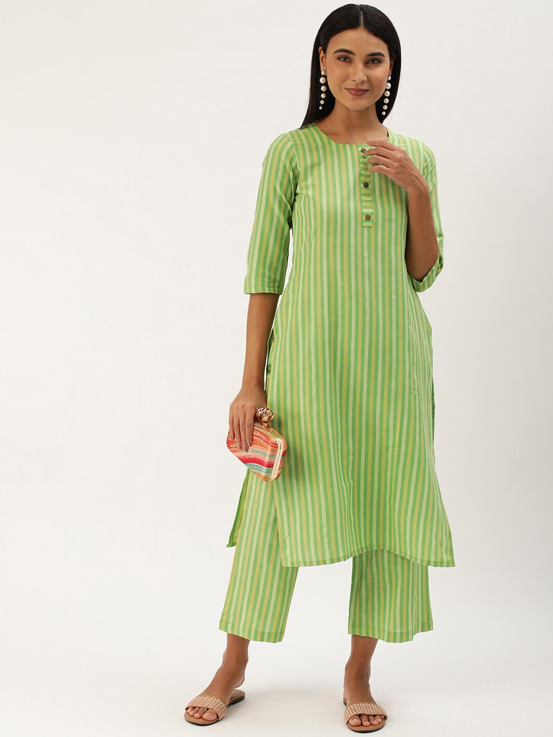 

KALINI Striped Round Neck Straight Kurta with Trousers, Green