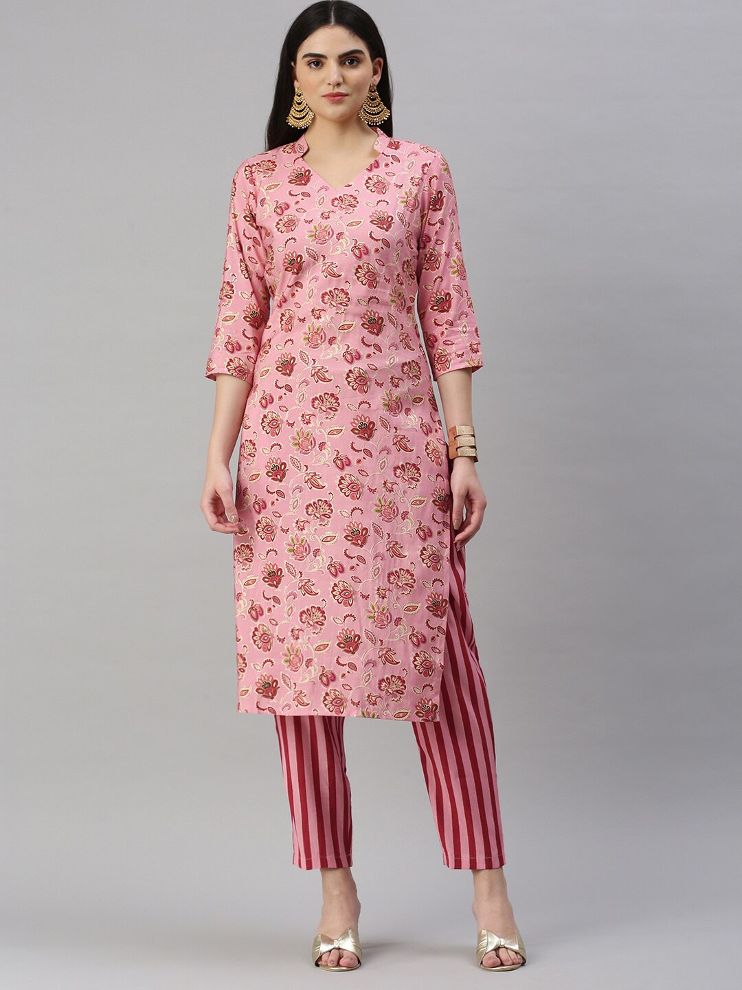 

KALINI Floral Printed Chanderi Cotton Straight Kurta With Trouser, Pink