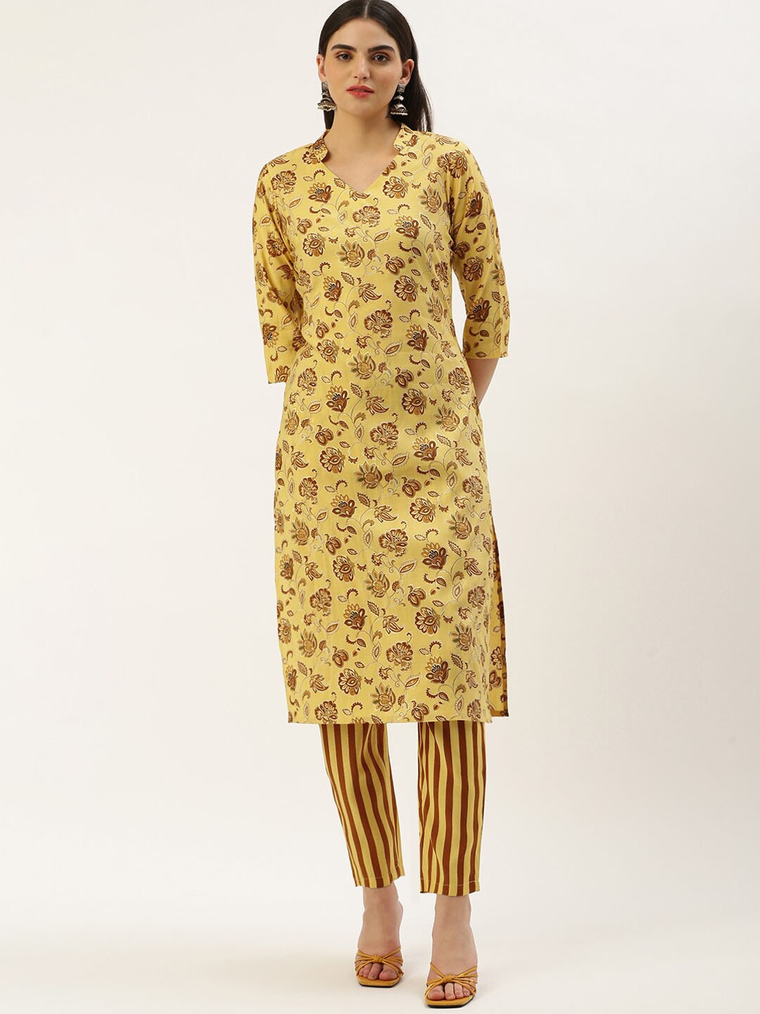 

KALINI Floral Printed Chanderi Cotton Straight Kurta With Trouser, Yellow