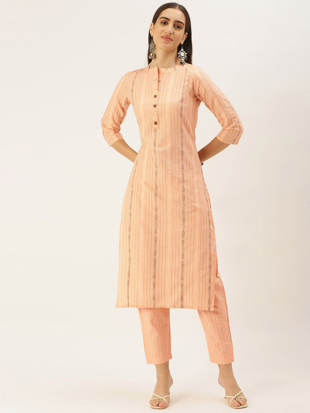 

KALINI Woven Design Mandarin Collar Straight Kurta with Trousers, Peach