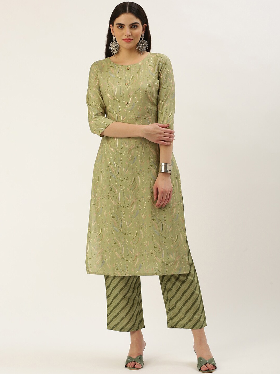 

KALINI Floral Printed Straight Kurta with Trousers, Green