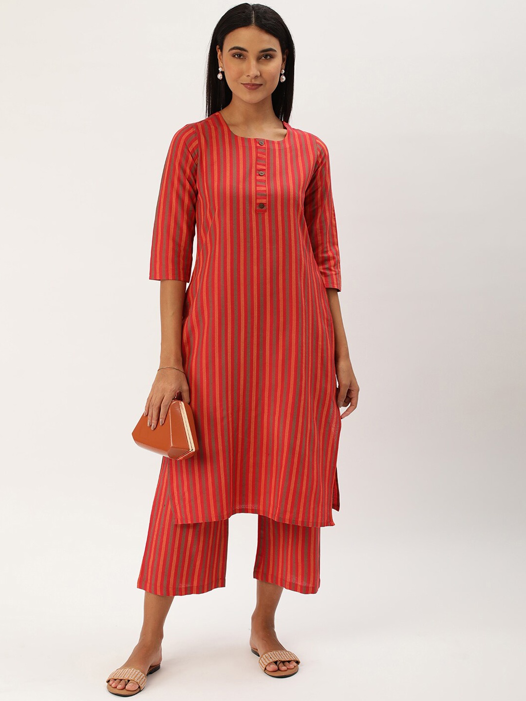 

KALINI Striped Square Neck Straight Kurta with Palazzos, Red