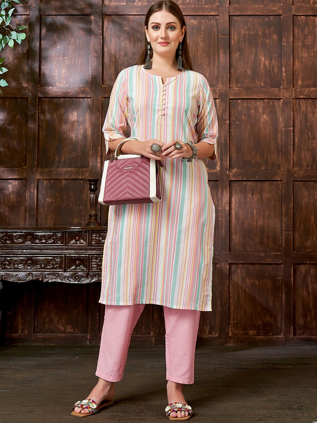 

KALINI Striped Straight Kurta with Trouser, Pink