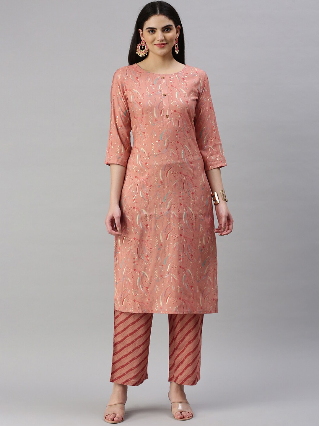 

KALINI Floral Printed Straight Kurta With Trousers, Peach