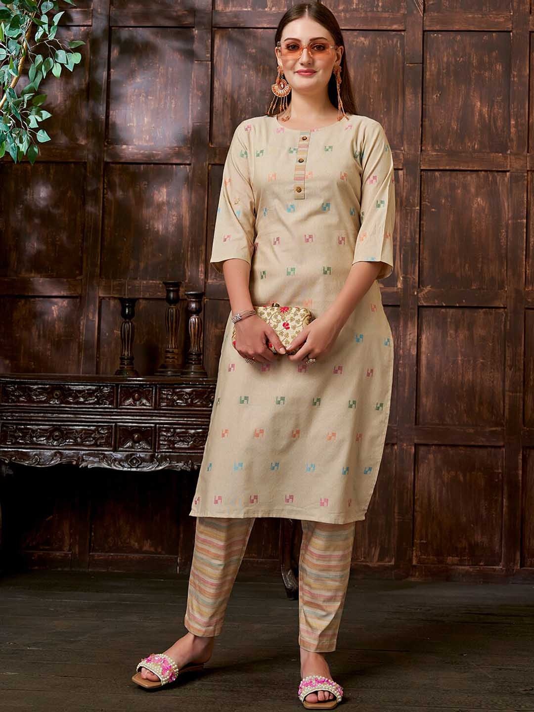 

KALINI Woven Design Straight Kurta with Trousers, Beige