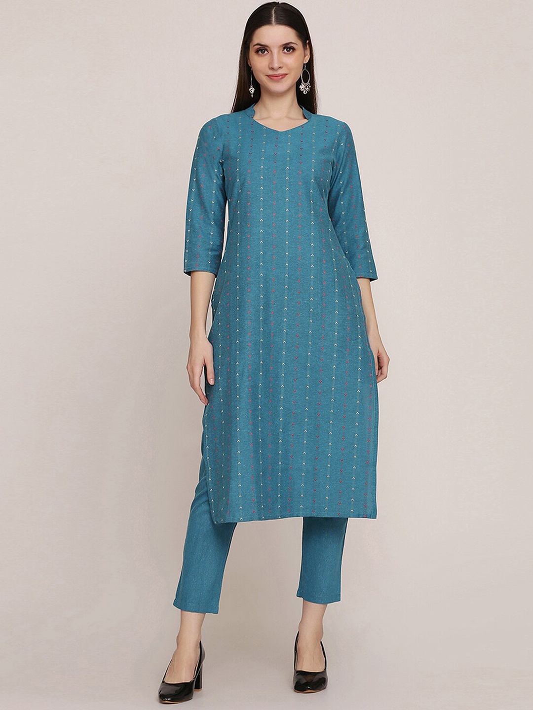 

KALINI Geometric Self Design Thread Work Kurta with Trousers, Blue