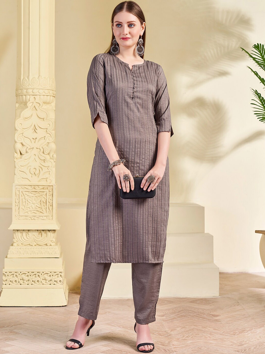 

KALINI Striped Straight Kurta with Trousers, Brown