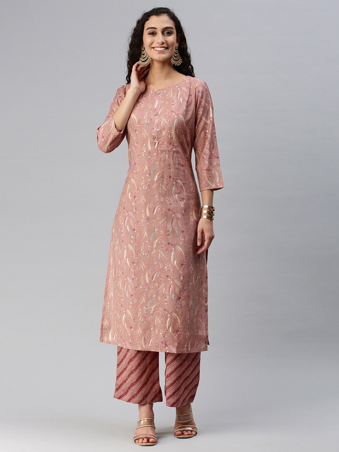 

KALINI Floral Printed Straight Kurta with Trousers, Pink