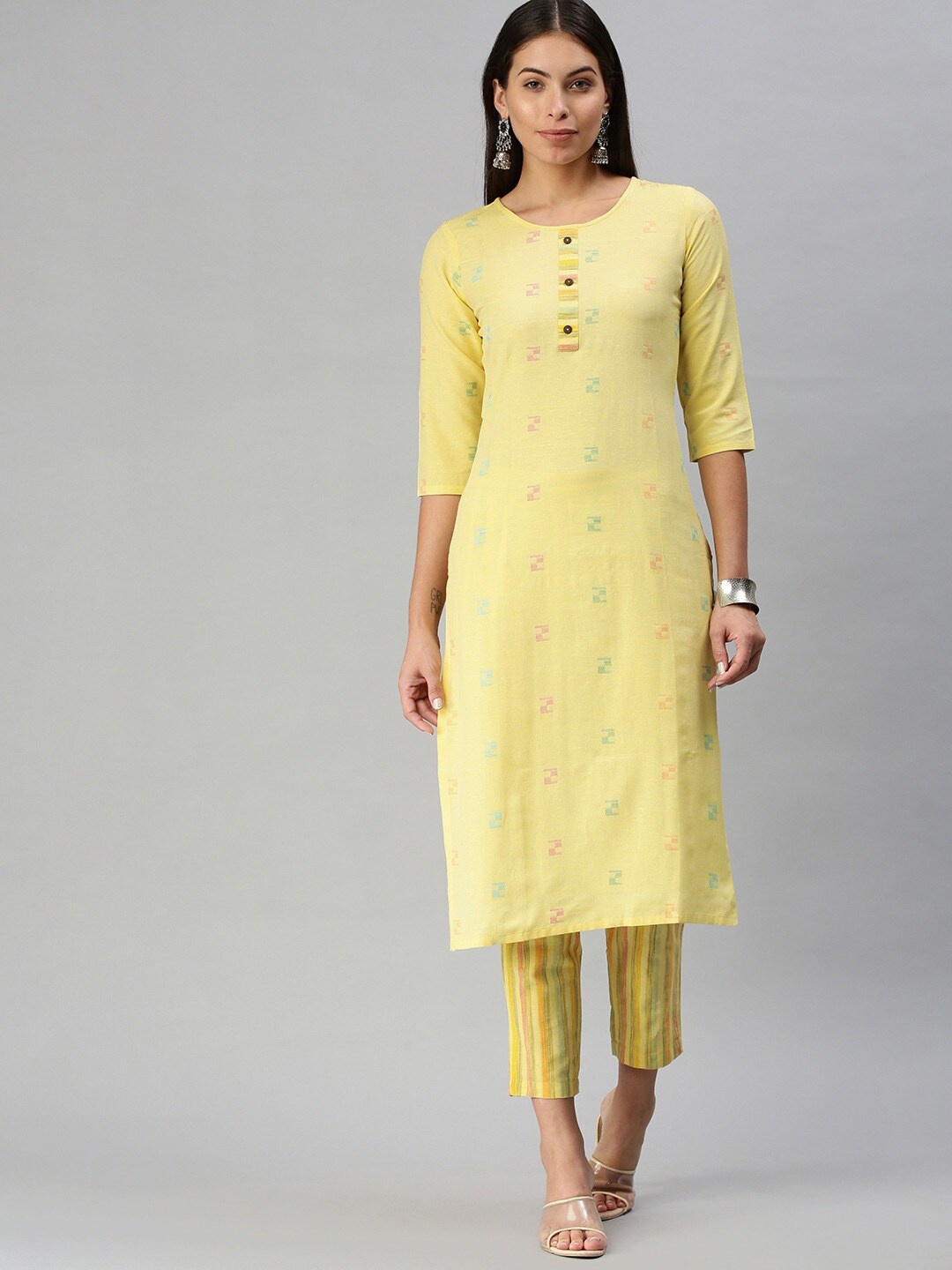 

KALINI Geometric Printed Straight Thread Work Kurta with Trousers, Yellow