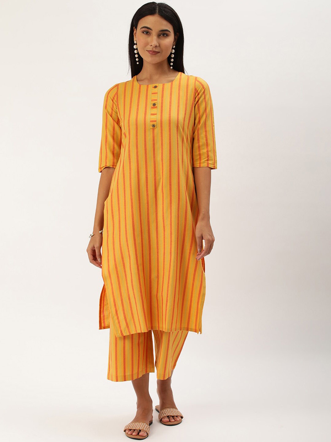 

KALINI Striped Round Neck Straight Kurta with Trousers, Yellow