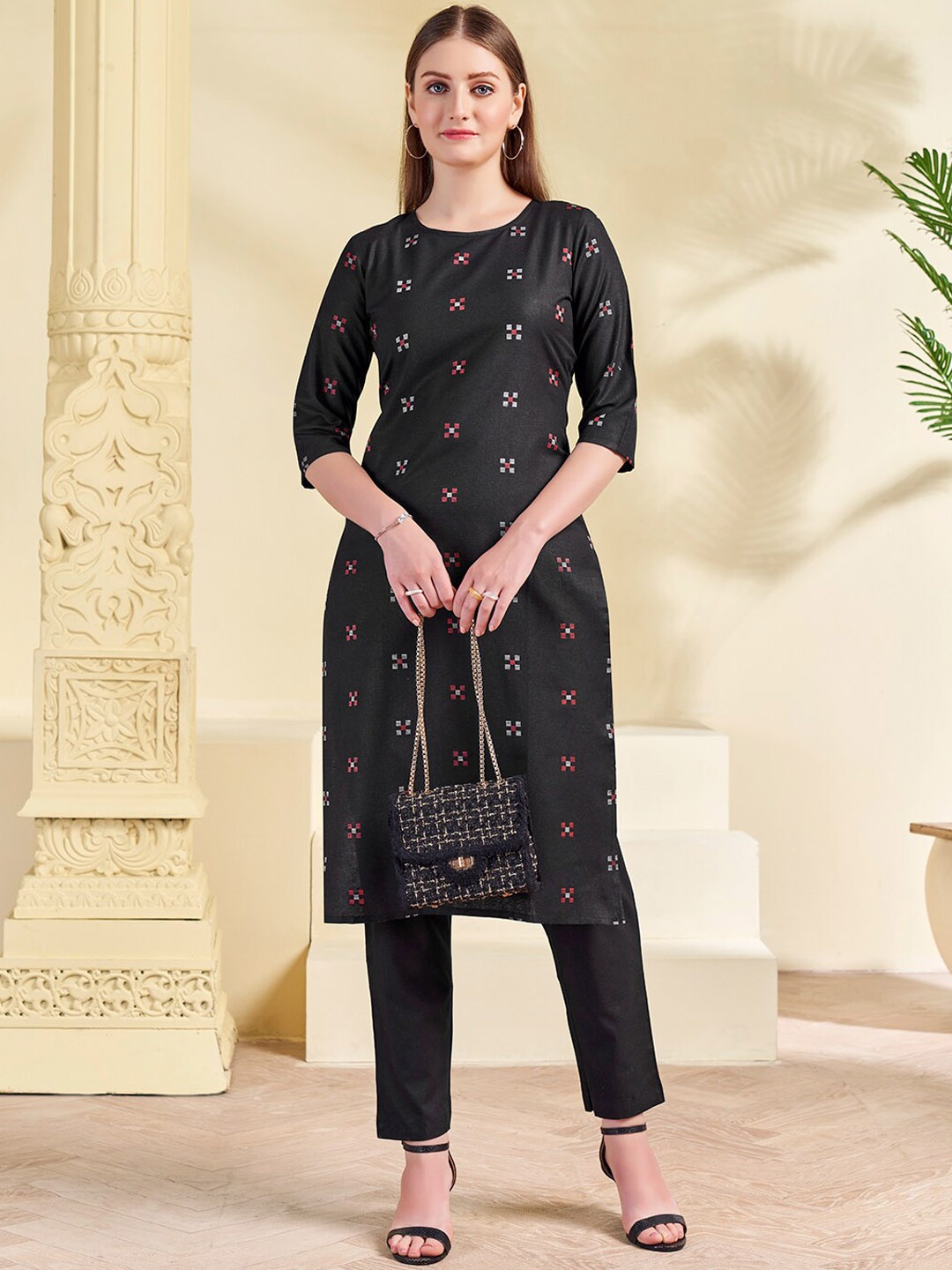 

KALINI Geometric Printed Straight Kurta With Trousers, Black