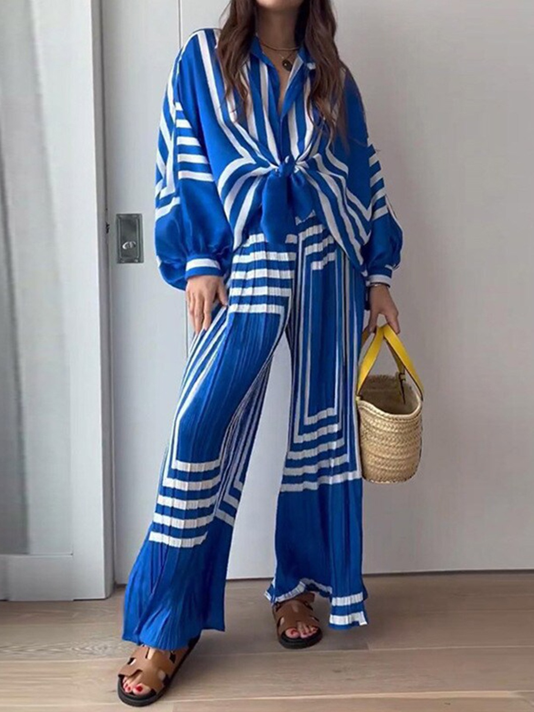 

StyleCast x Revolte Blue Striped Cuffed Sleeve Top with Palazzos