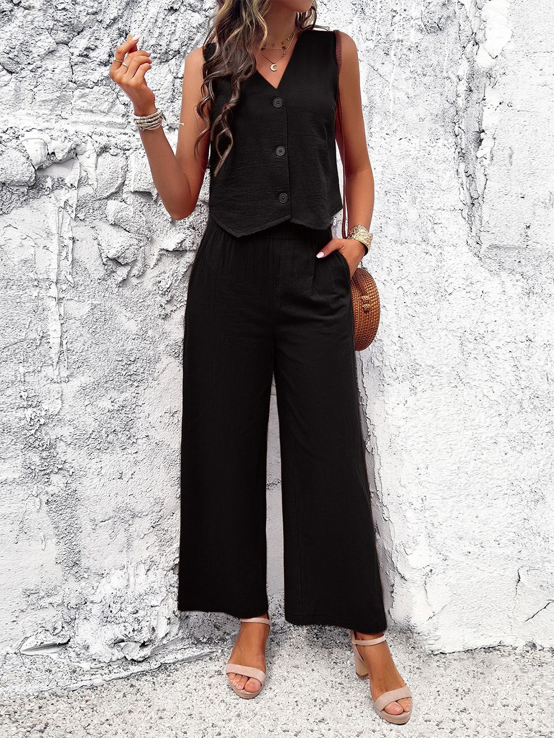 

StyleCast x Revolte Black Waistcoat Style Top and Trousers Co-ords