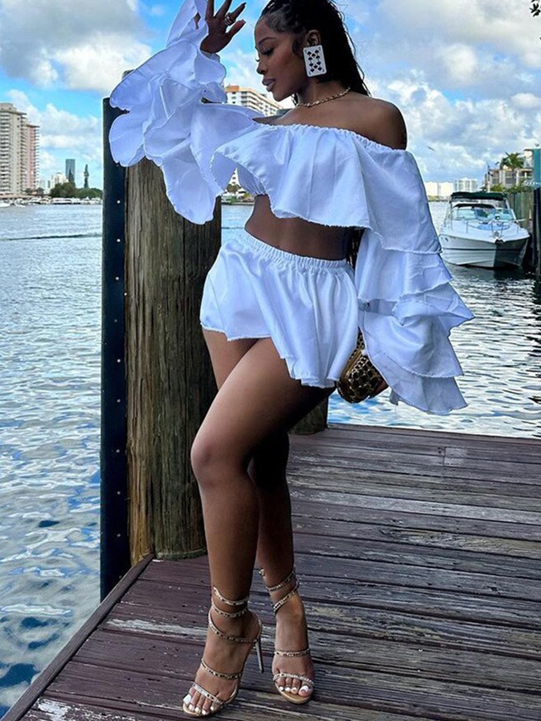 

StyleCast x Revolte White Crop Bardot Style Top and A-Line Mini Skirt Co-ords