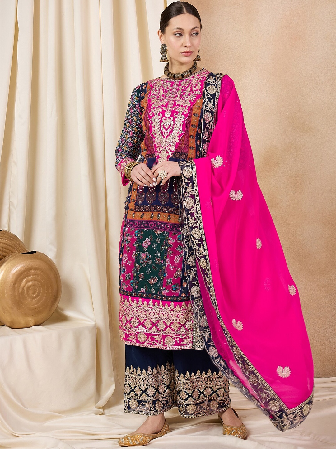 

RAJGRANTH Ethnic Motifs Thread Work Georgette Pakistani Style Kurta with Palazzo & Dupatta, Purple