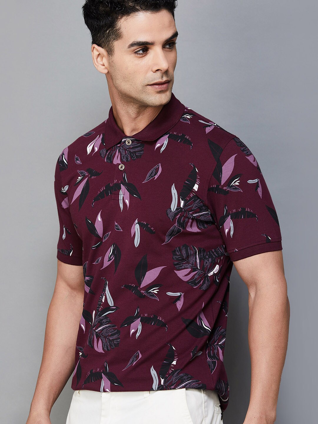 

CODE by Lifestyle Floral Printed Polo Collar Cotton T-shirt, Maroon