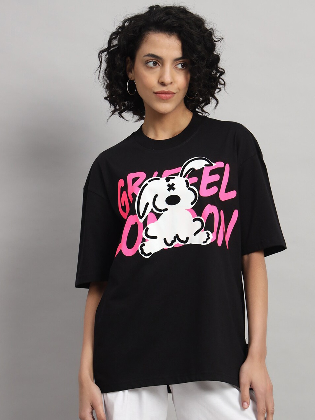 

GRIFFEL Typography Printed Short Sleeves Round Neck Cotton Oversized T-shirt, Black