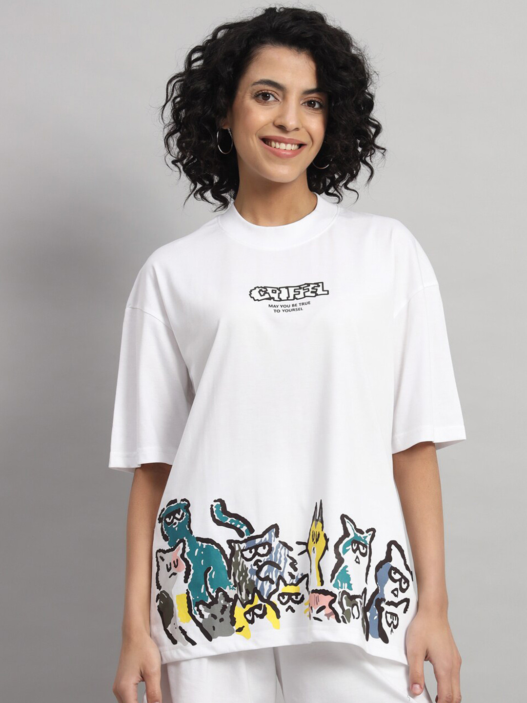 

GRIFFEL Typography Printed Round Neck Oversized T-shirt, White