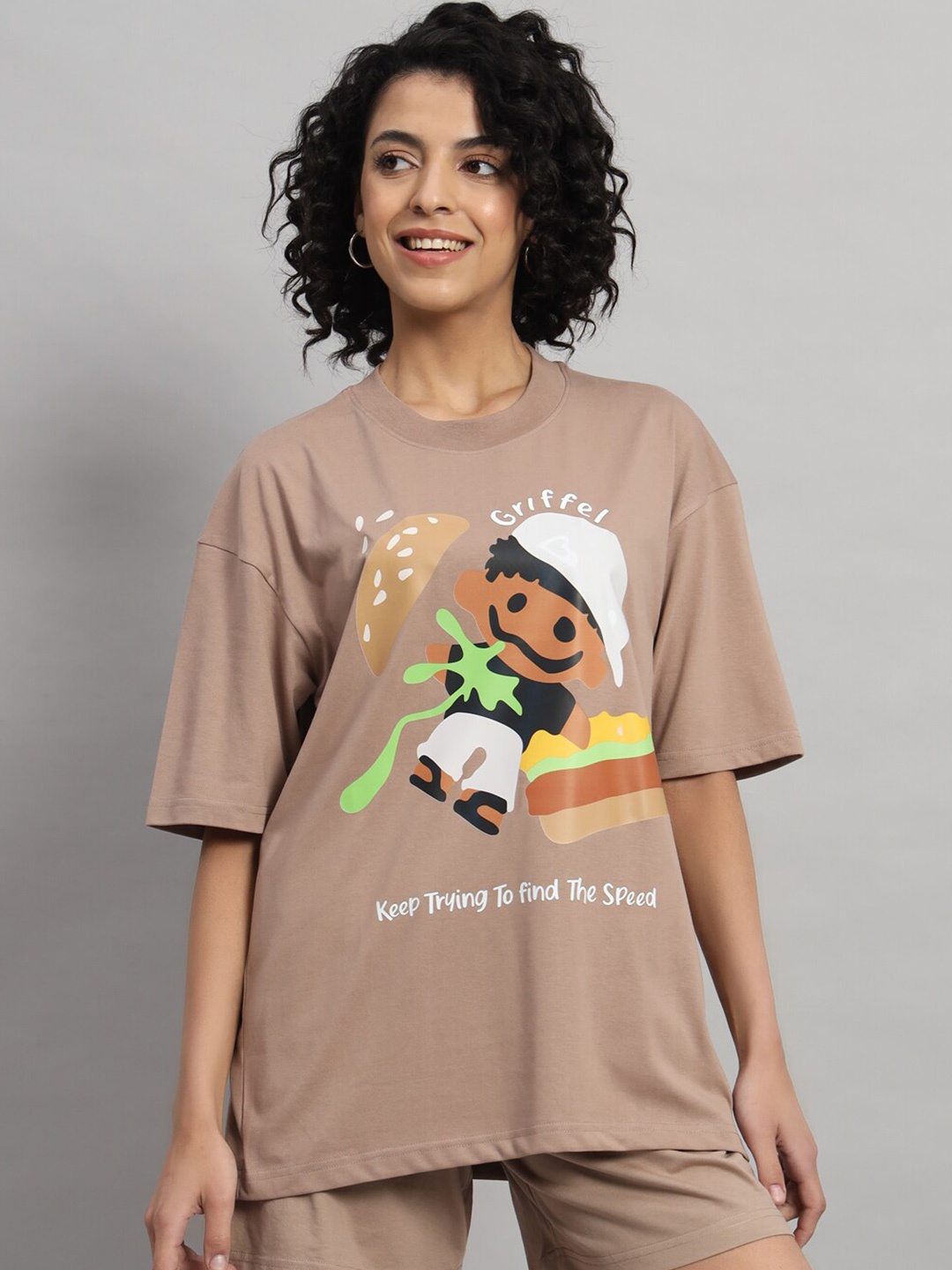 

GRIFFEL Printed Round Neck Oversized T-shirt, Camel brown