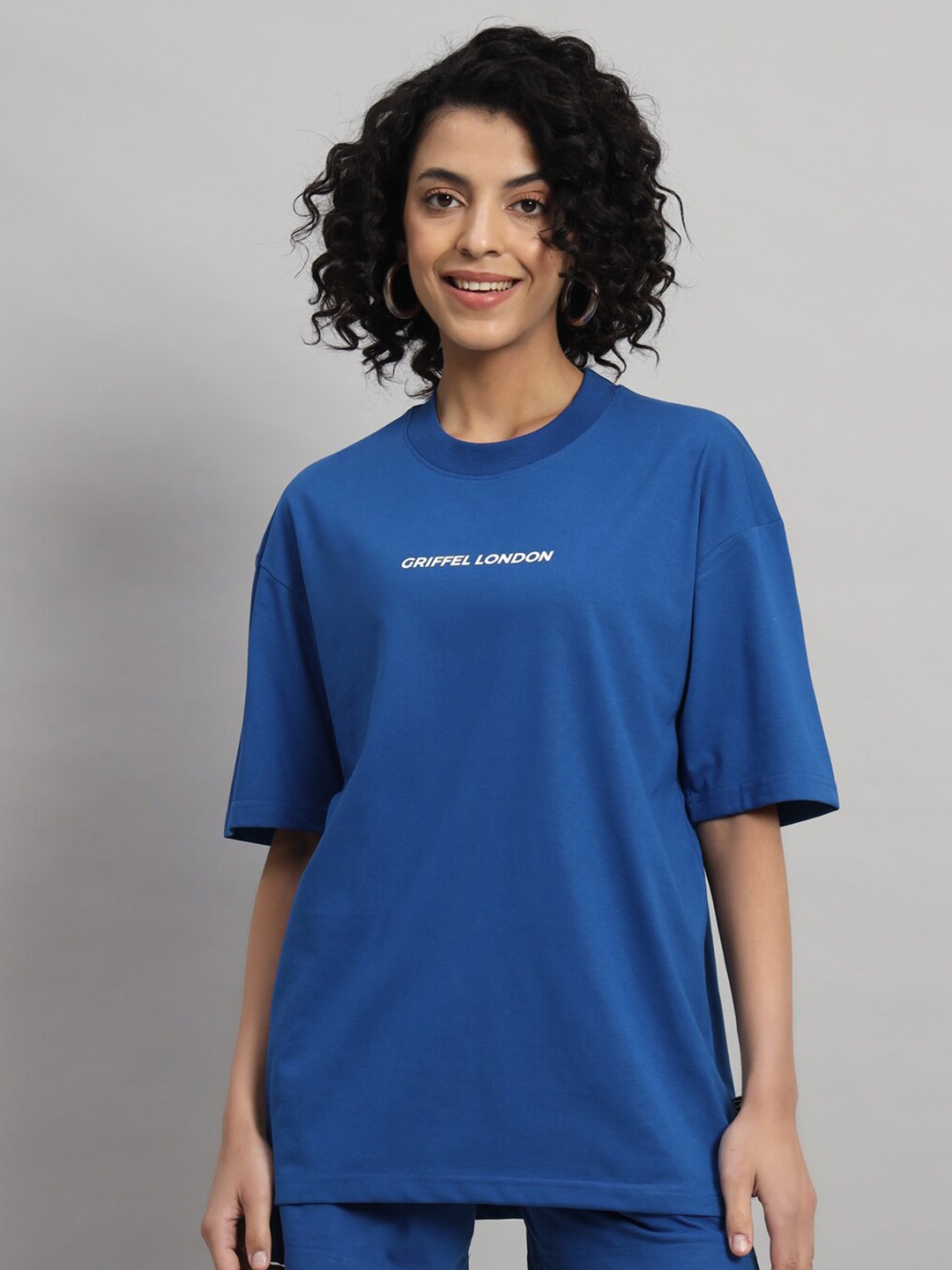 

GRIFFEL Round Neck Drop-Shoulder Sleeves Cotton Oversized T-shirt, Blue