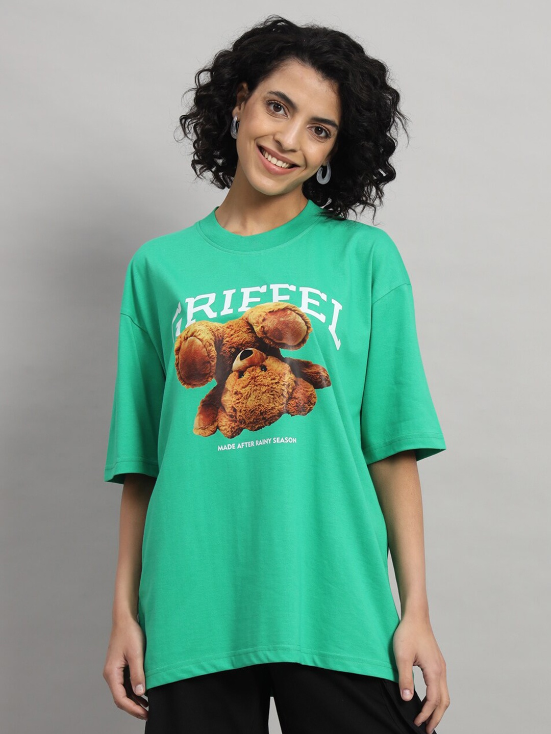 

GRIFFEL Printed Round Neck Drop-Shoulder Sleeves Cotton Oversized T-shirt, Green