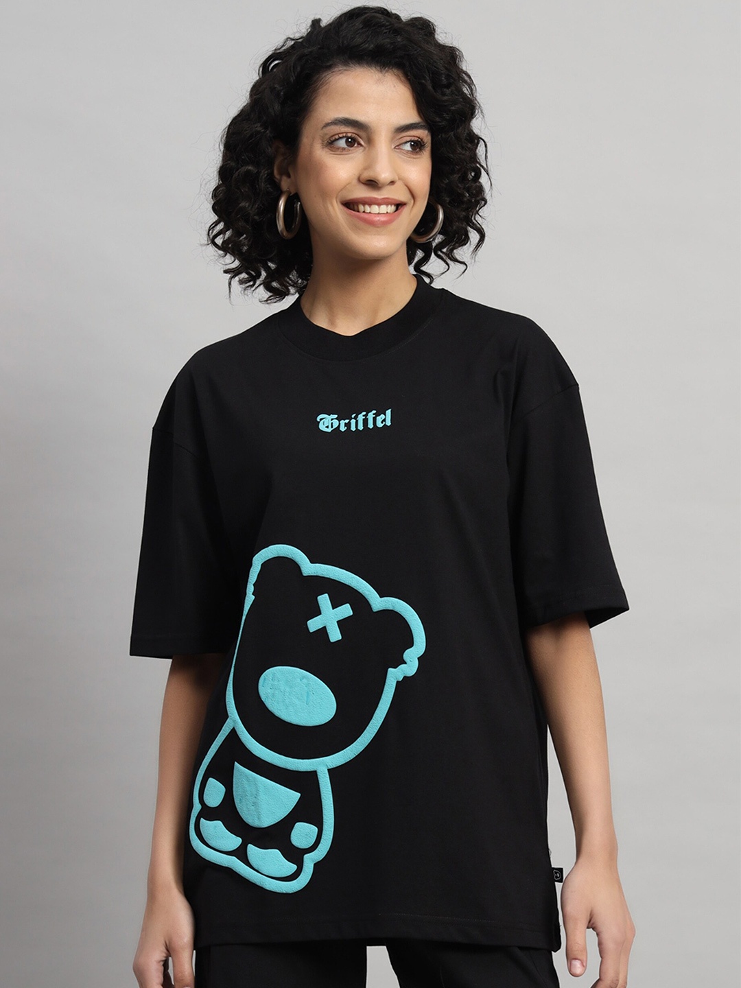 

GRIFFEL Printed Round Neck Drop-Shoulder Sleeves Cotton Oversized T-shirt, Black