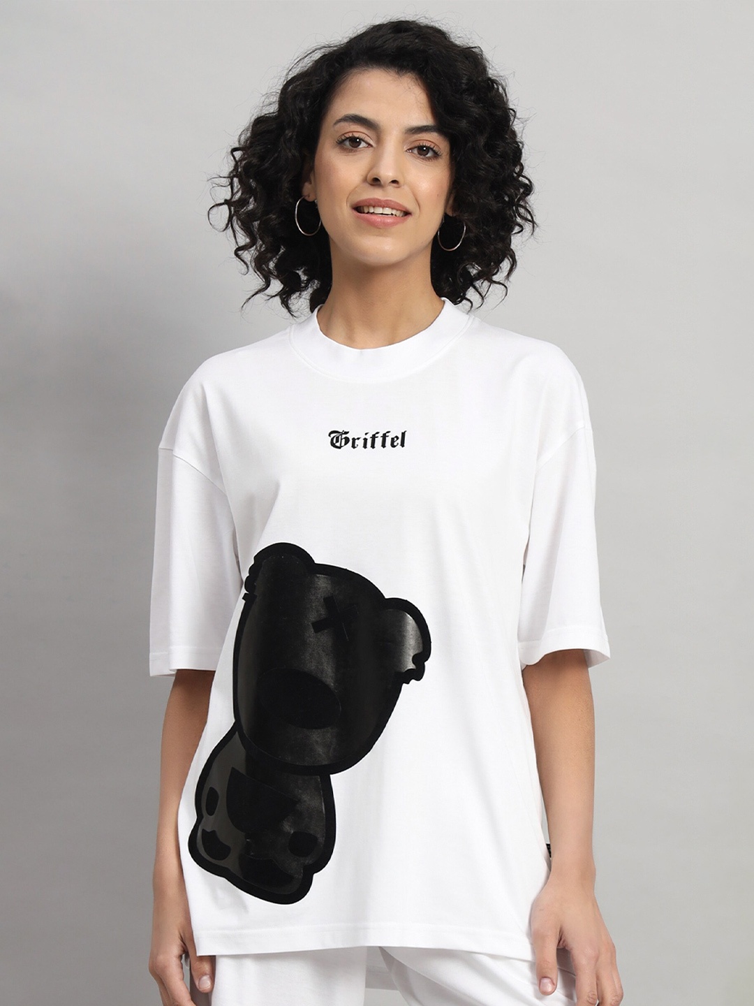 

GRIFFEL Graphic Printed Round Neck Drop-Shoulder Sleeves Cotton Oversized T-shirt, White