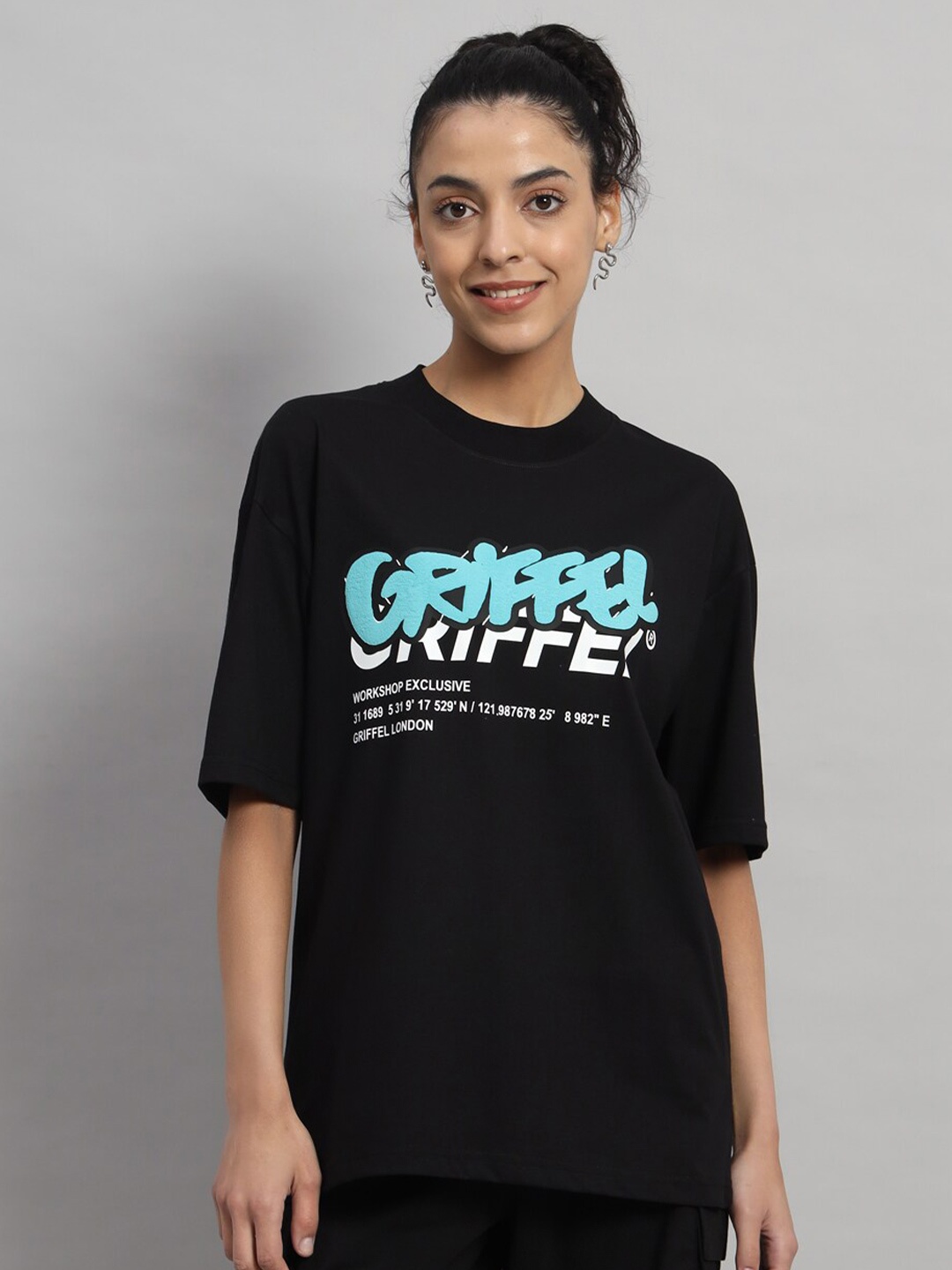 

GRIFFEL Typography Printed Round Neck Drop-Shoulder Sleeves Cotton Oversized T-shirt, Black