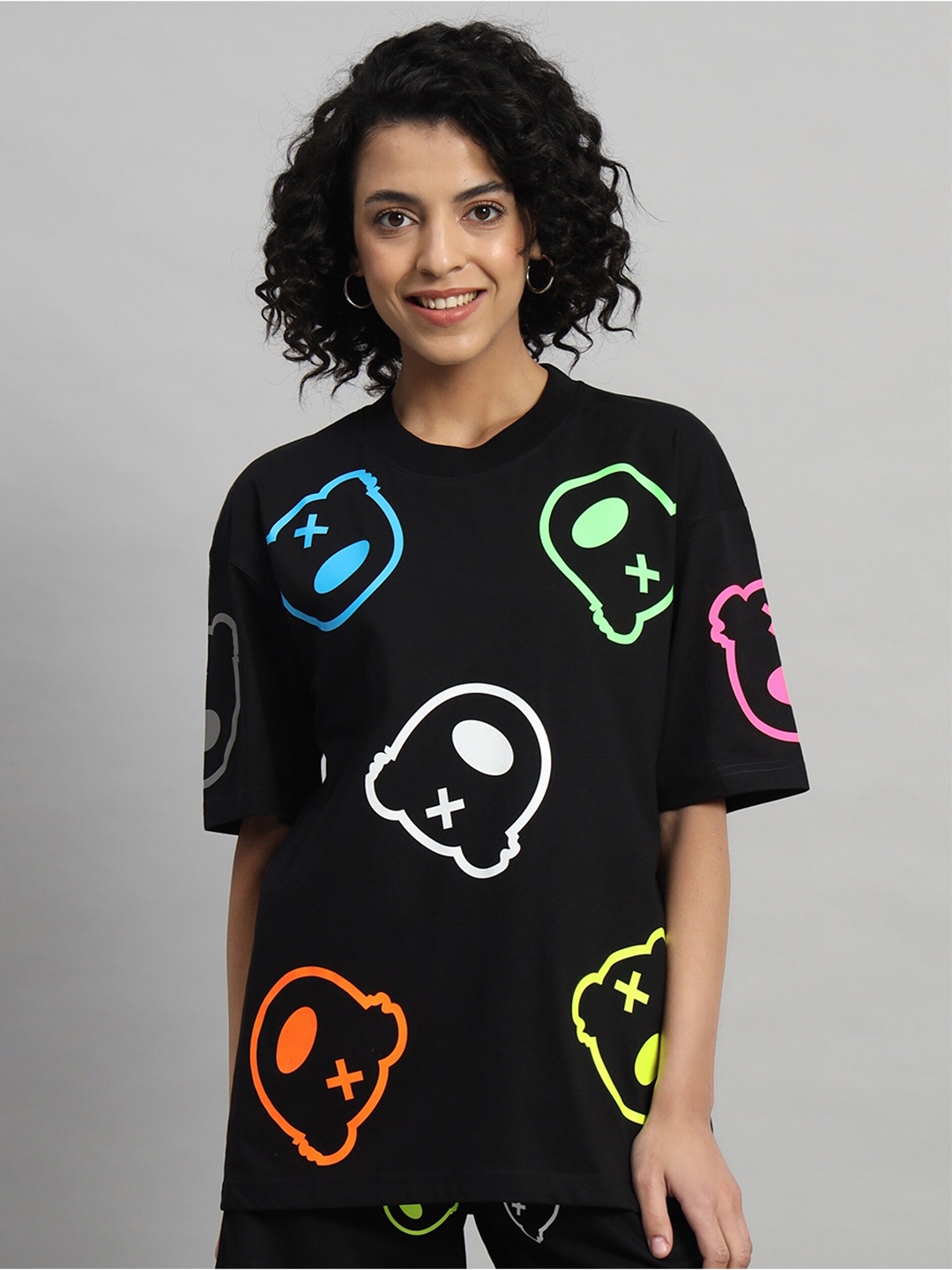 

GRIFFEL Printed Round Neck Drop-Shoulder Sleeves Cotton Oversized T-shirt, Black