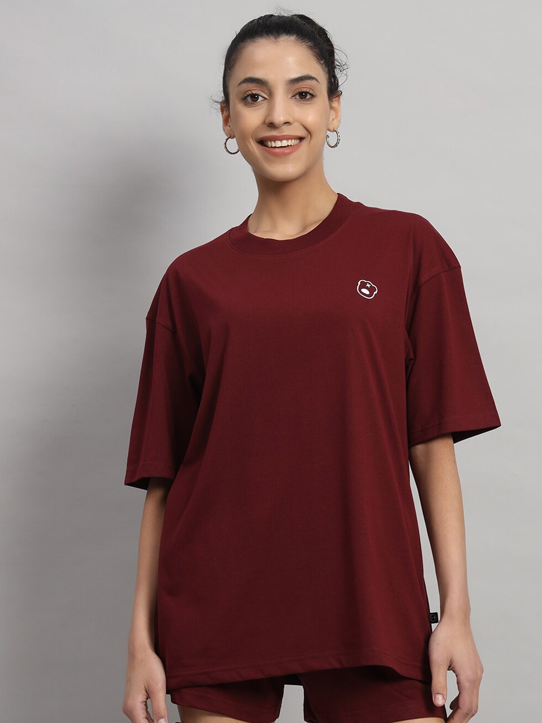 

GRIFFEL Round Neck Applique Cotton Oversized T-shirt, Maroon