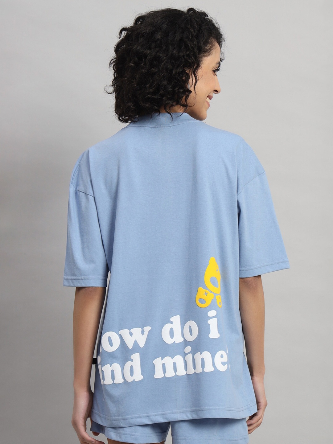 

GRIFFEL Typography Printed Round Neck Applique Cotton Oversized T-shirt, Blue