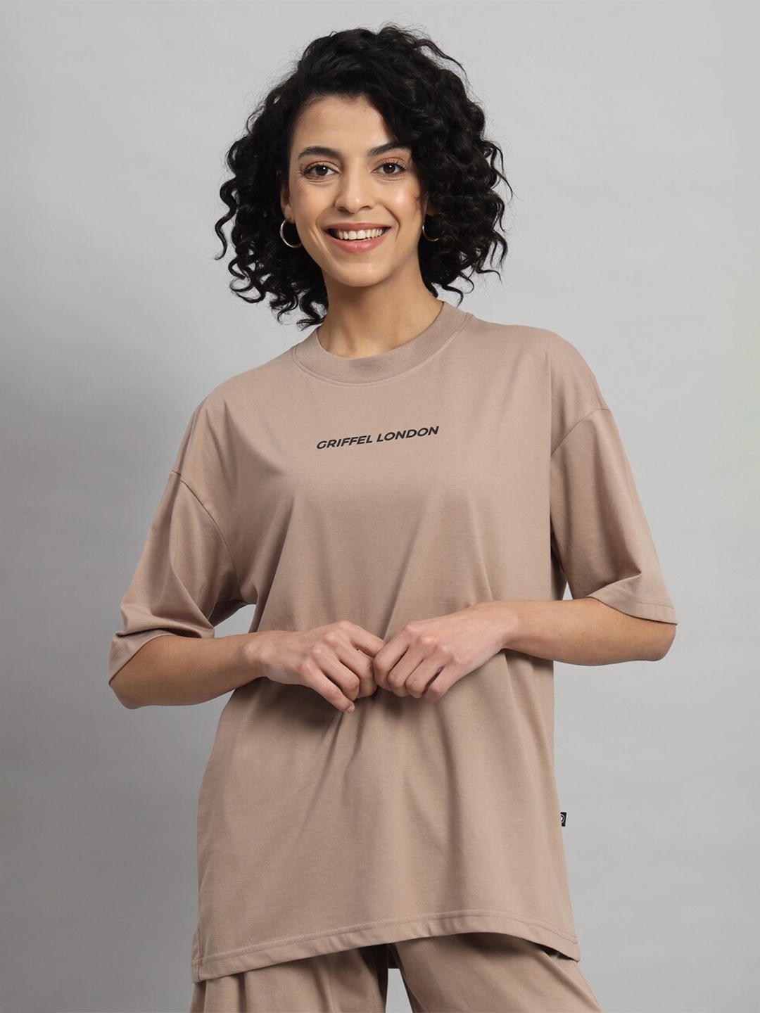 

GRIFFEL Typography Printed Round Neck Applique Cotton Oversized T-shirt, Beige