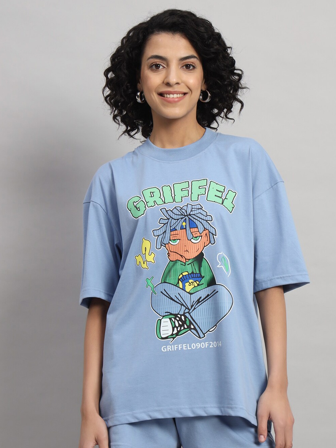 

GRIFFEL Printed Round Neck Applique Cotton Oversized T-shirt, Blue