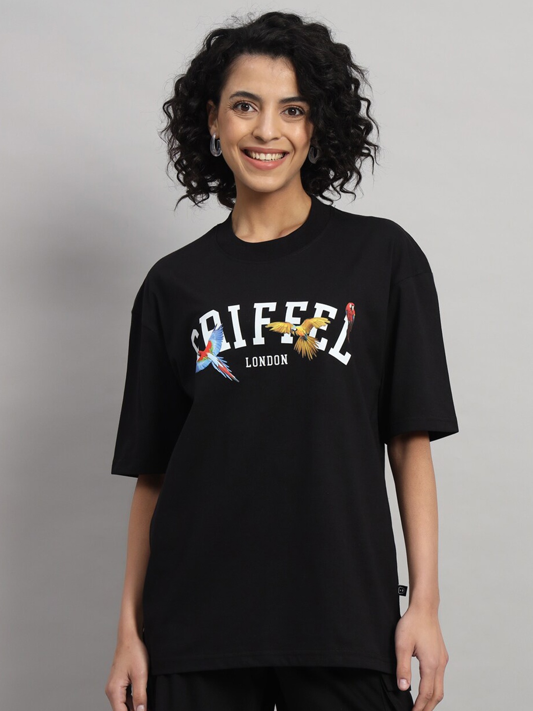 

GRIFFEL Typography Printed Round Neck Applique Cotton Oversized T-shirt, Black