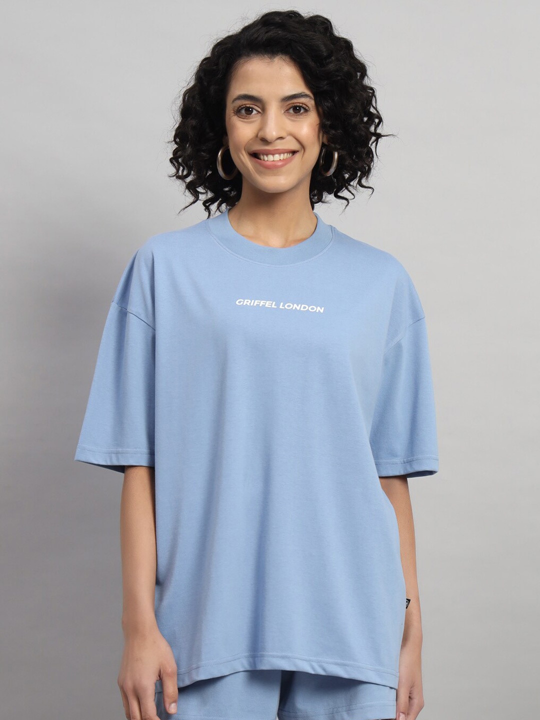 

GRIFFEL Typography Printed Round Neck Applique Cotton Oversized T-shirt, Metallic