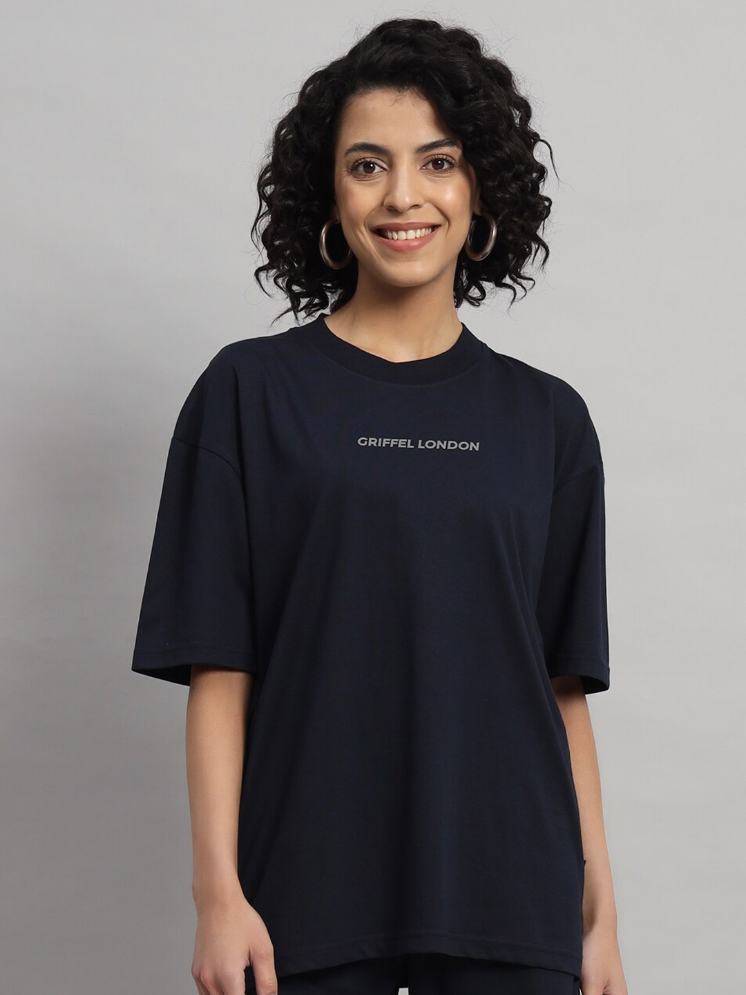 

GRIFFEL Typography Printed Round Neck Applique Cotton Oversized T-shirt, Navy blue