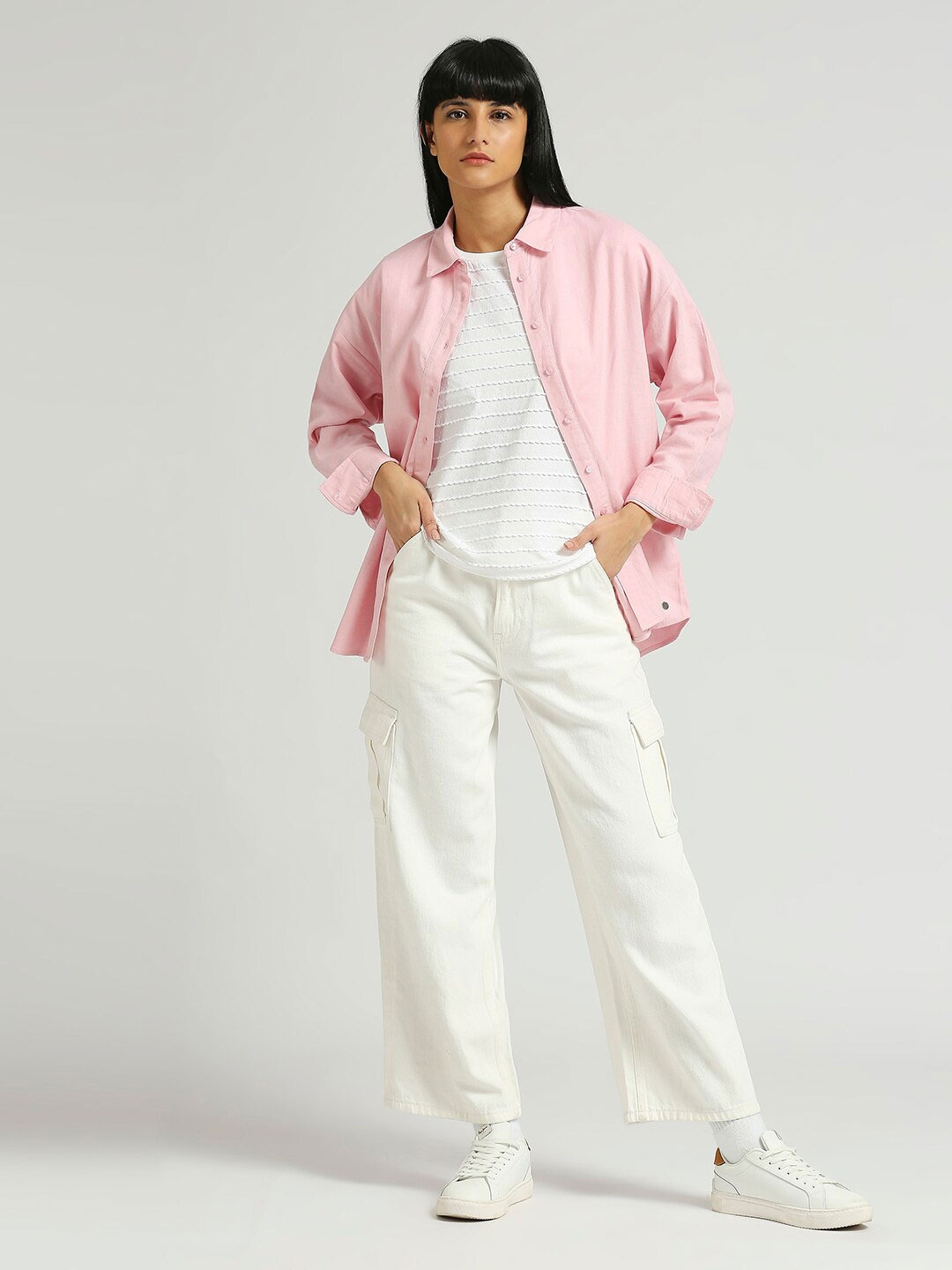 

Pepe Jeans Spread Collar Long Sleeves Cotton Oversized Casual Shirt, Pink