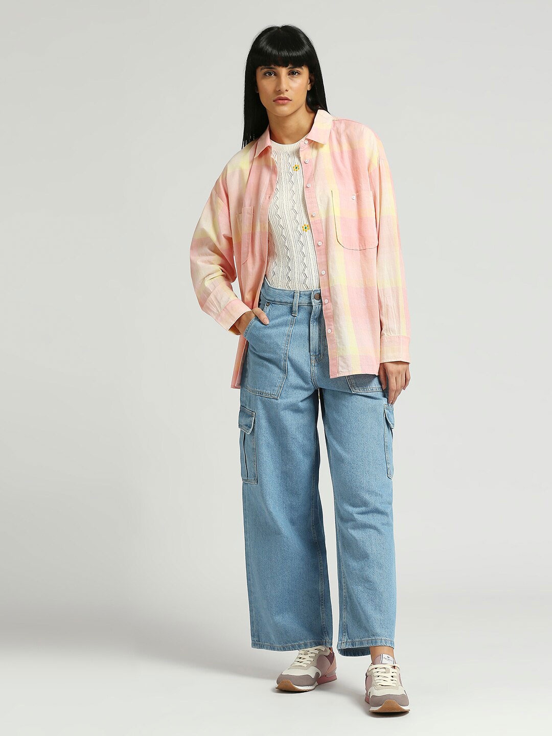 

Pepe Jeans Spread Collar Long Sleeves Checked Cotton Oversized Casual Shirt, Pink