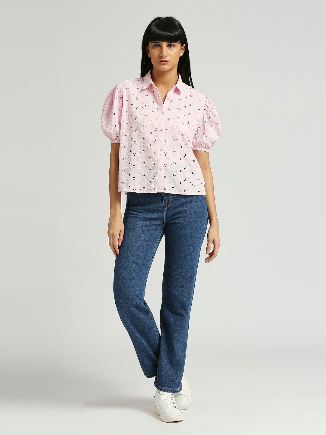 

Pepe Jeans Spread Collar Puff Sleeves Regular Fit Conversational Printed Schiffli Shirts, Pink