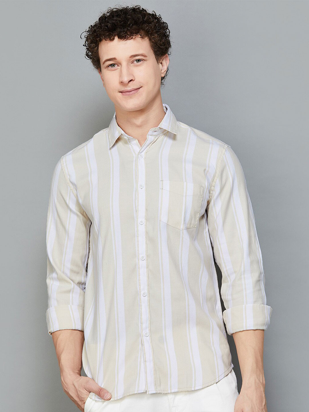 

Fame Forever by Lifestyle Slim Fit Opaque Striped Cotton Casual Shirt, Beige