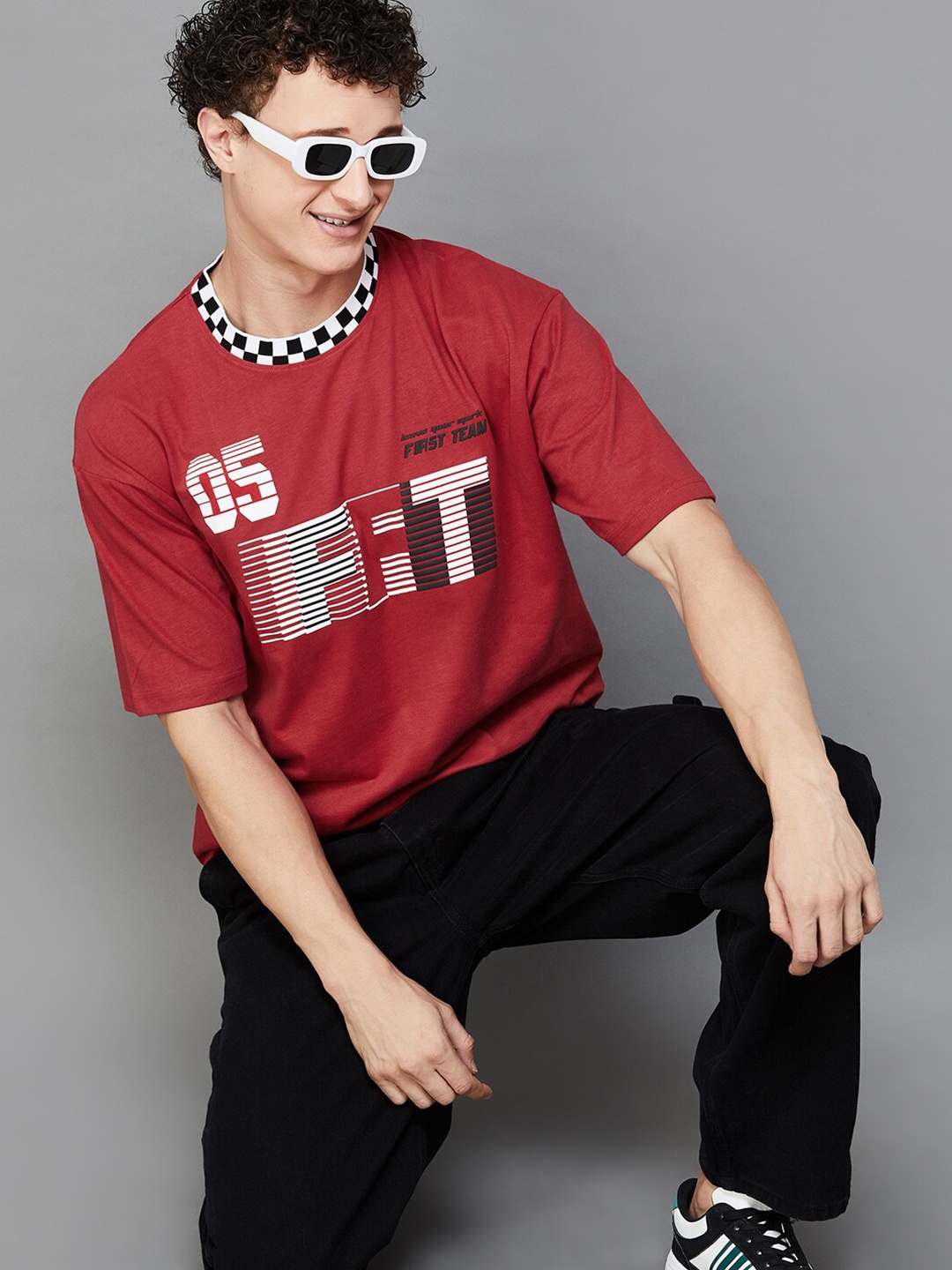

Fame Forever by Lifestyle Typography Printed Round Neck Cotton Oversized T-shirt, Red