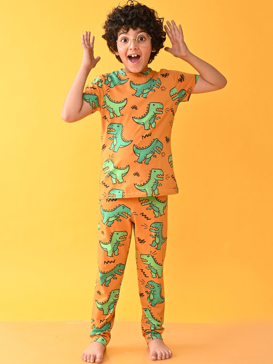 

Anthrilo Boys Dinosaur Printed Cotton Night Suit, Mustard