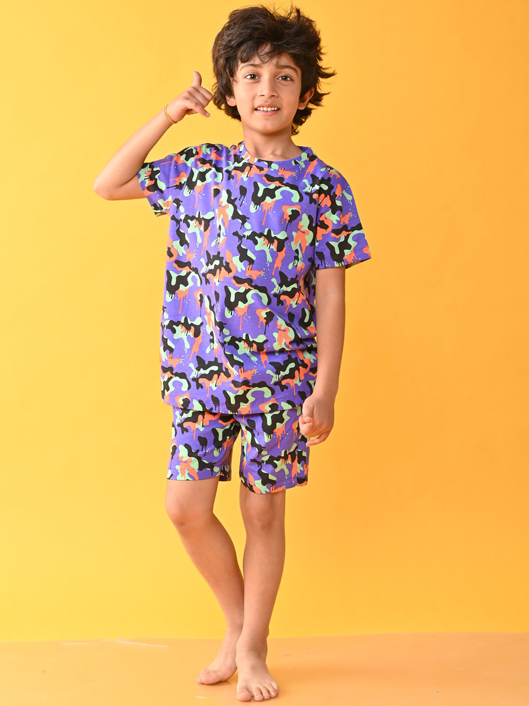 

Anthrilo Boys Printed Cotton T-shirt With Shorts, Blue