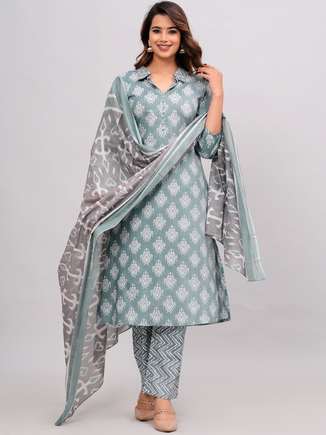 

JAIPURI COLLECTION Ethnic Motifs Printed Regular Pure Cotton Kurta with Trousers & Dupatta, Green