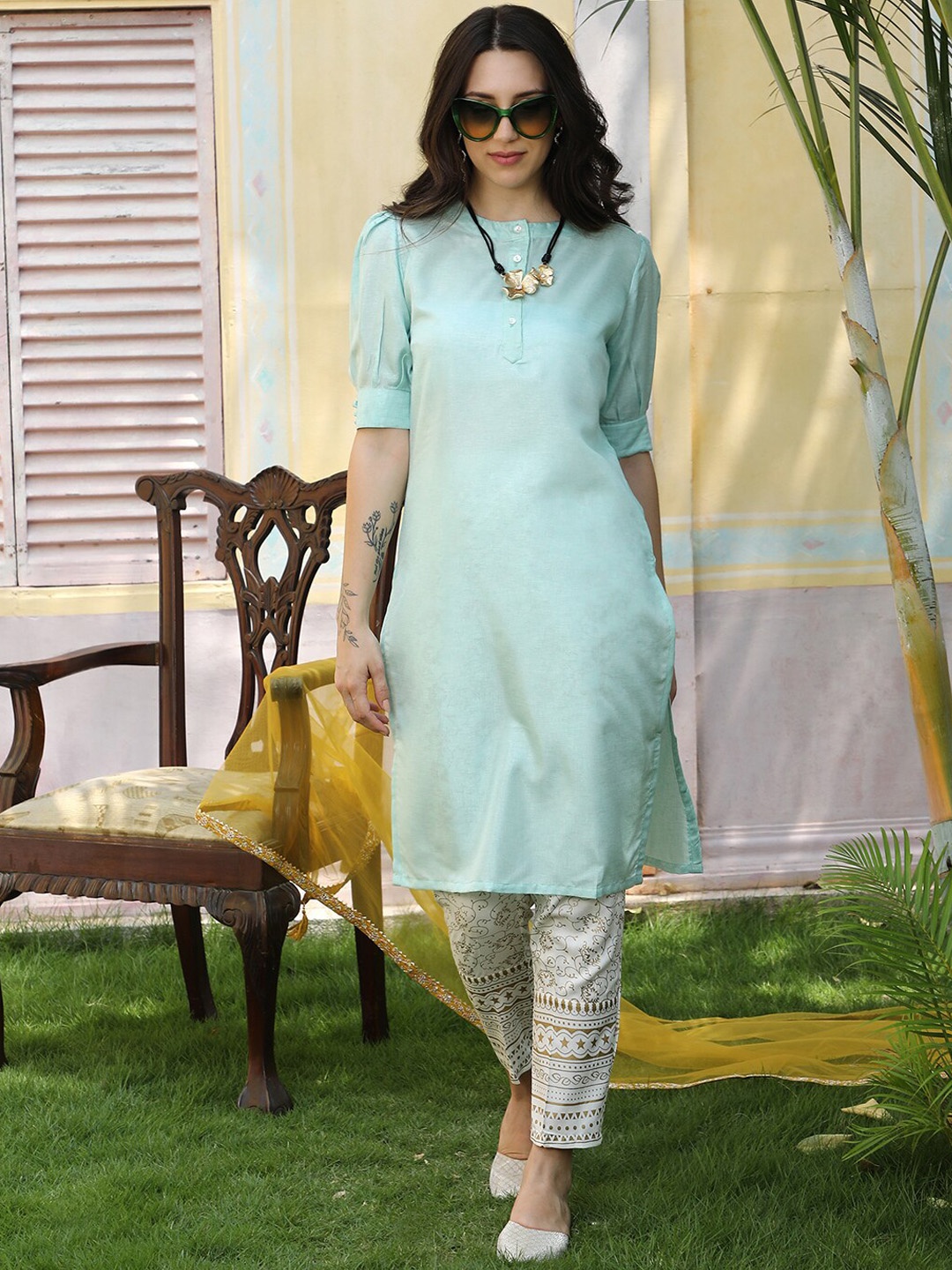 

QISSA Mandarin Collar Puff Sleeves Kurta, Green