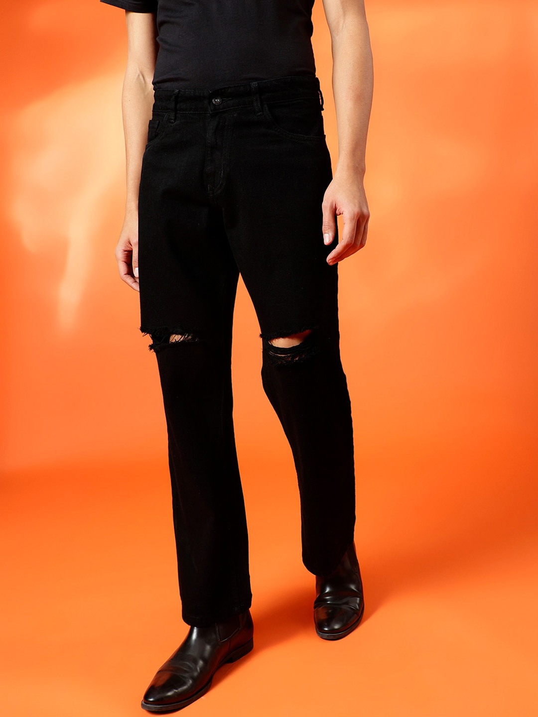 

BWOLVES Men Loose Relaxed Fit Slash Knee Jeans, Black