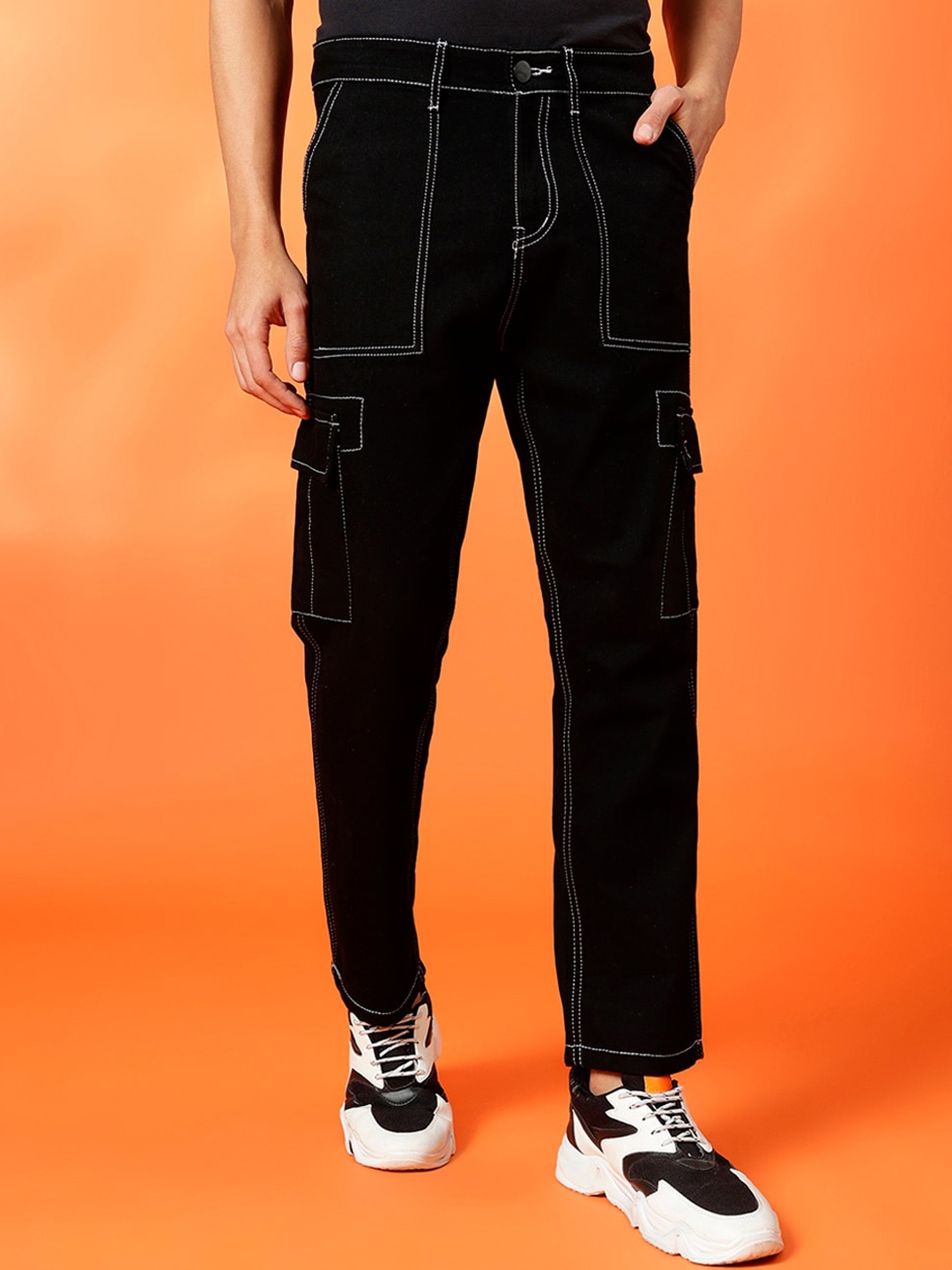 

BWOLVES Men Loose Relaxed Fit Clean Look Cotton Cargo Jeans, Black