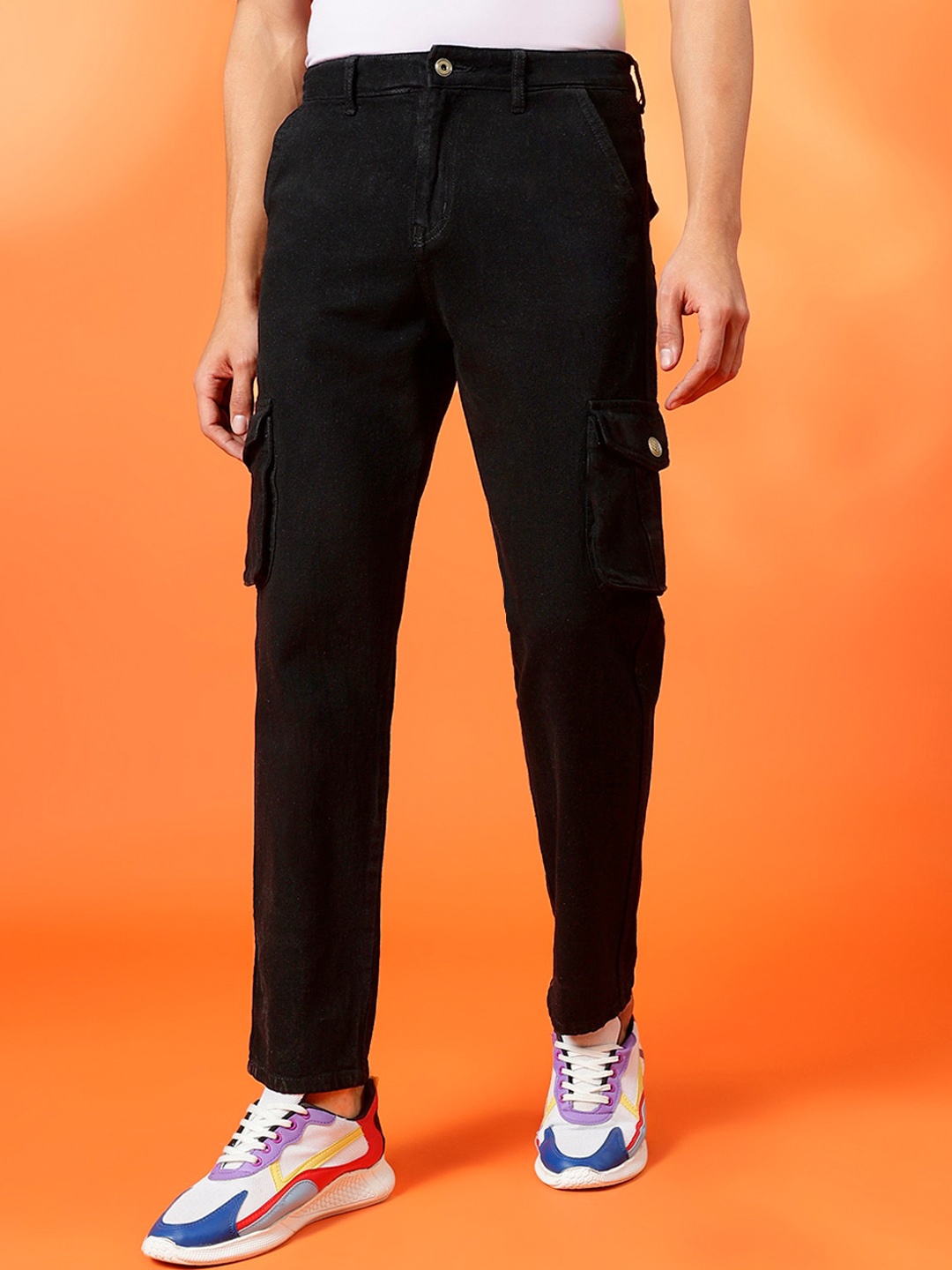 

BWOLVES Men Loose Relaxed Fit Clean Look Cotton Cargo Jeans, Black